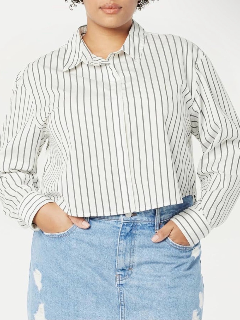 The Drop Isadora Cropped Poplin Button-Up Womens Shirt XL Black White Stripe NWT
